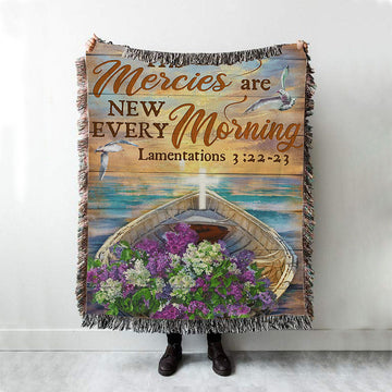 His Mercies Are New Every Morning Boat Flower Cross Woven Throw Blanket - Christian Throw Blanket Decor - Religious Woven Blanket Prints