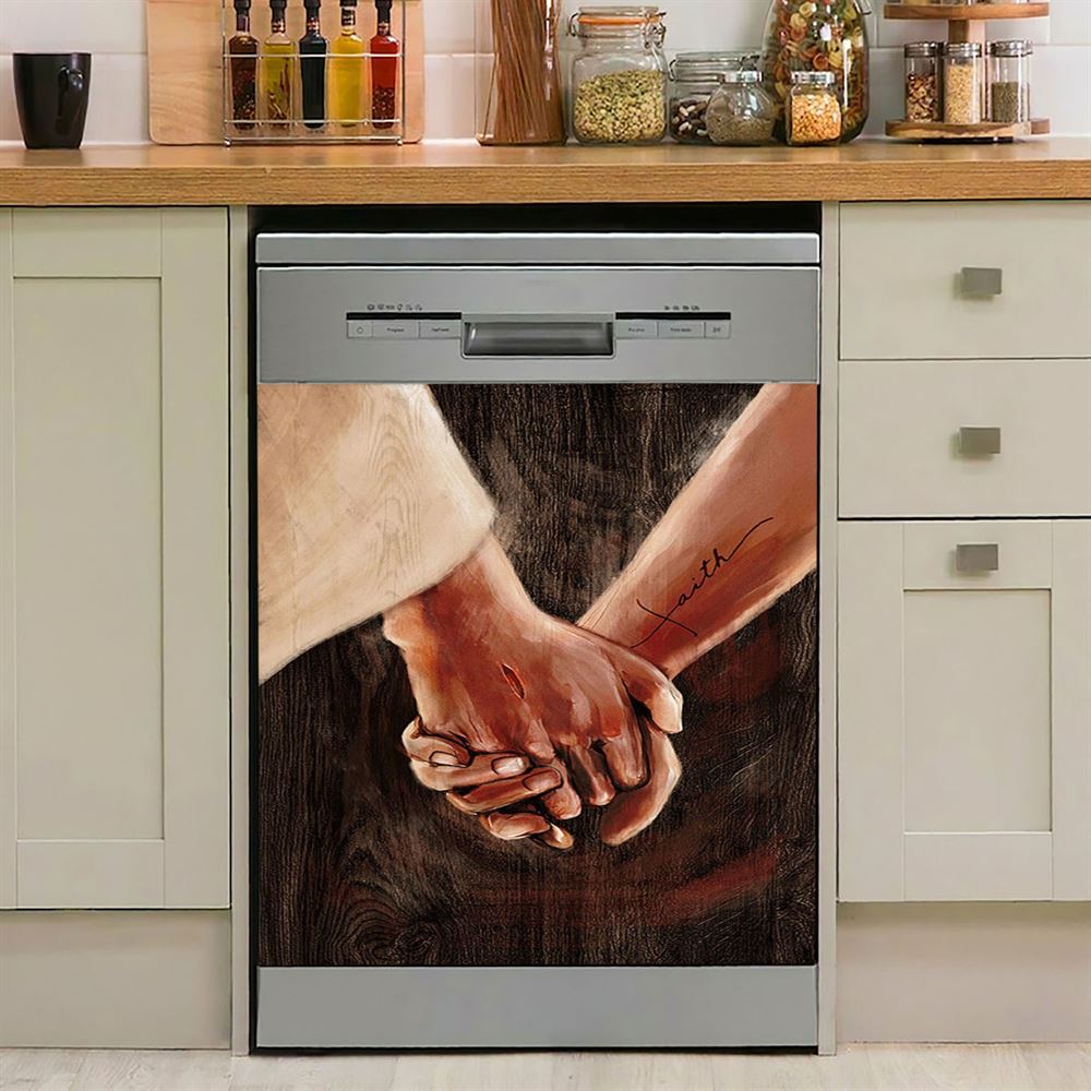 Holding Hand With Jesus Dishwasher Cover, Bible Verse Dishwasher Stickers, Inspirational Kitchen Decor