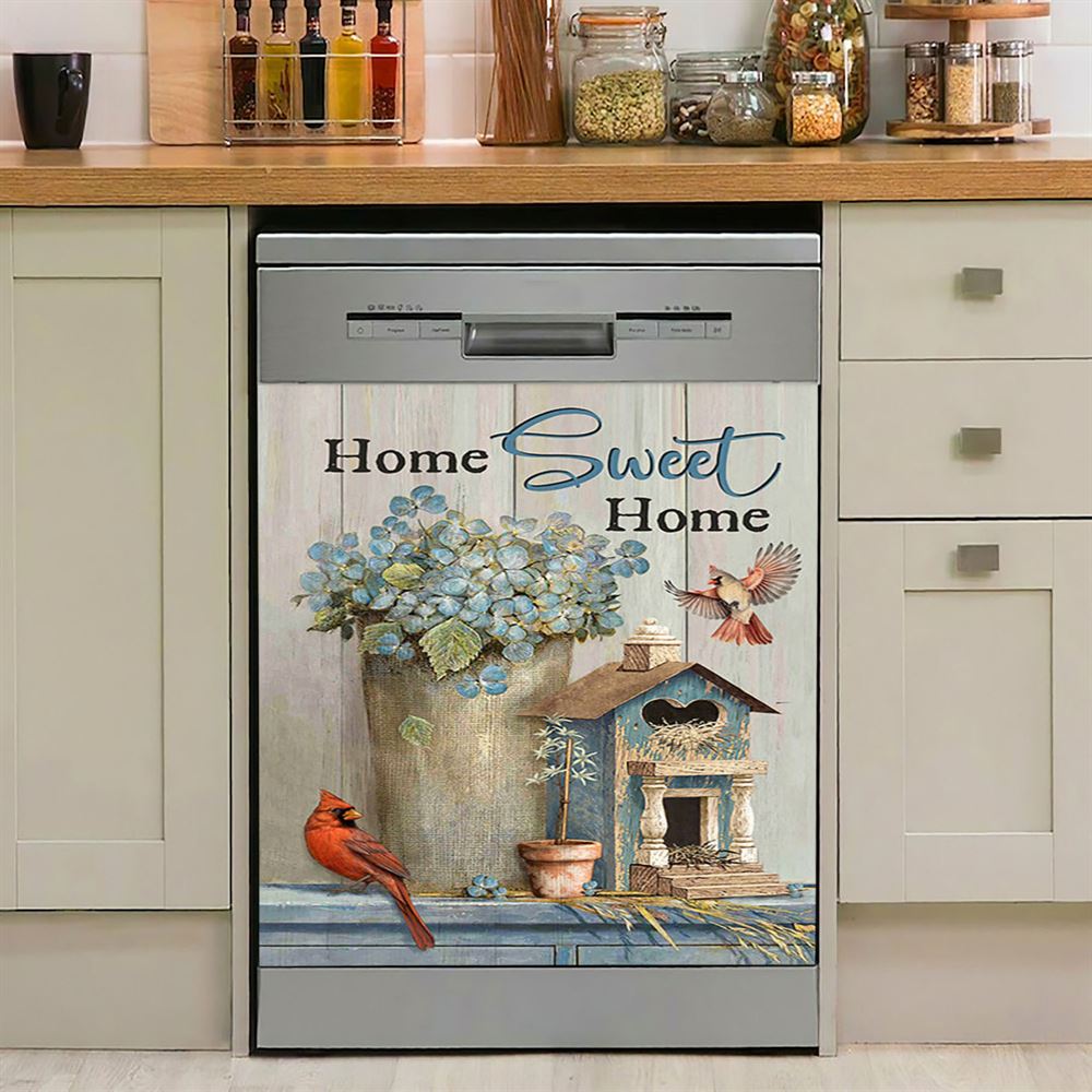 Home Sweet Home Blue Hydrangea Red Cardinals Dishwasher Cover, Bible Verse Dishwasher Stickers, Christian Inspirational Kitchen Decor