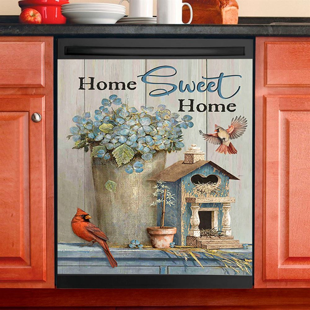 Home Sweet Home Blue Hydrangea Red Cardinals Dishwasher Cover, Bible Verse Dishwasher Stickers, Christian Inspirational Kitchen Decor