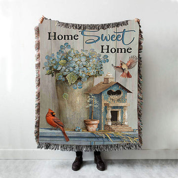 Home Sweet Home Blue Hydrangea Red Cardinals Woven Blanket Art - Bible Verse Throw Blanket - Christian Inspirational Boho Blanket