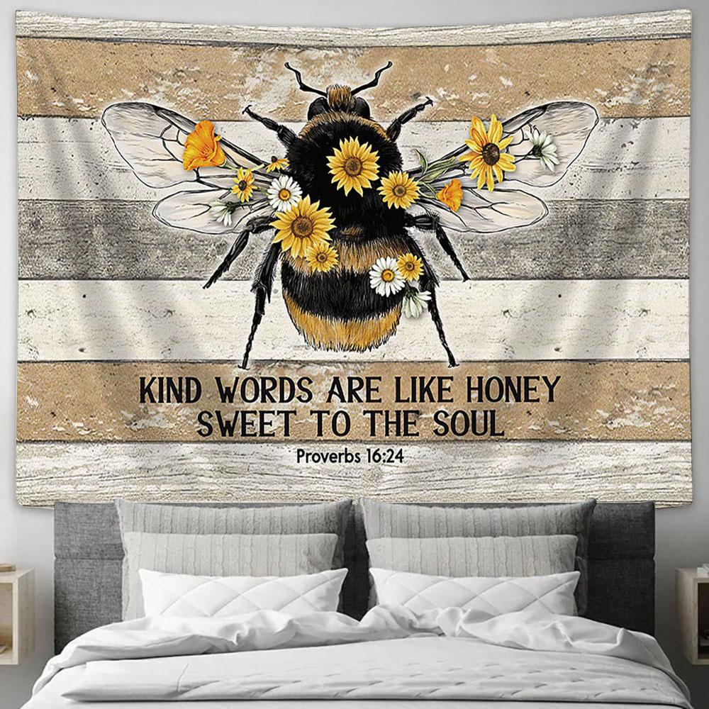 Honeybee Sunflower Kind Words Are Like Honey Large Tapestry Art - Christian Wall Decor - Religious Wall Decor