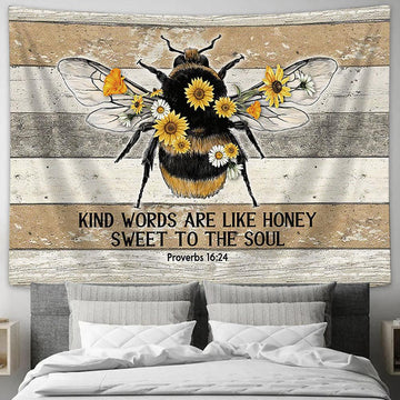 Honeybee Sunflower Kind Words Are Like Honey Large Tapestry Art - Christian Wall Decor - Religious Wall Decor