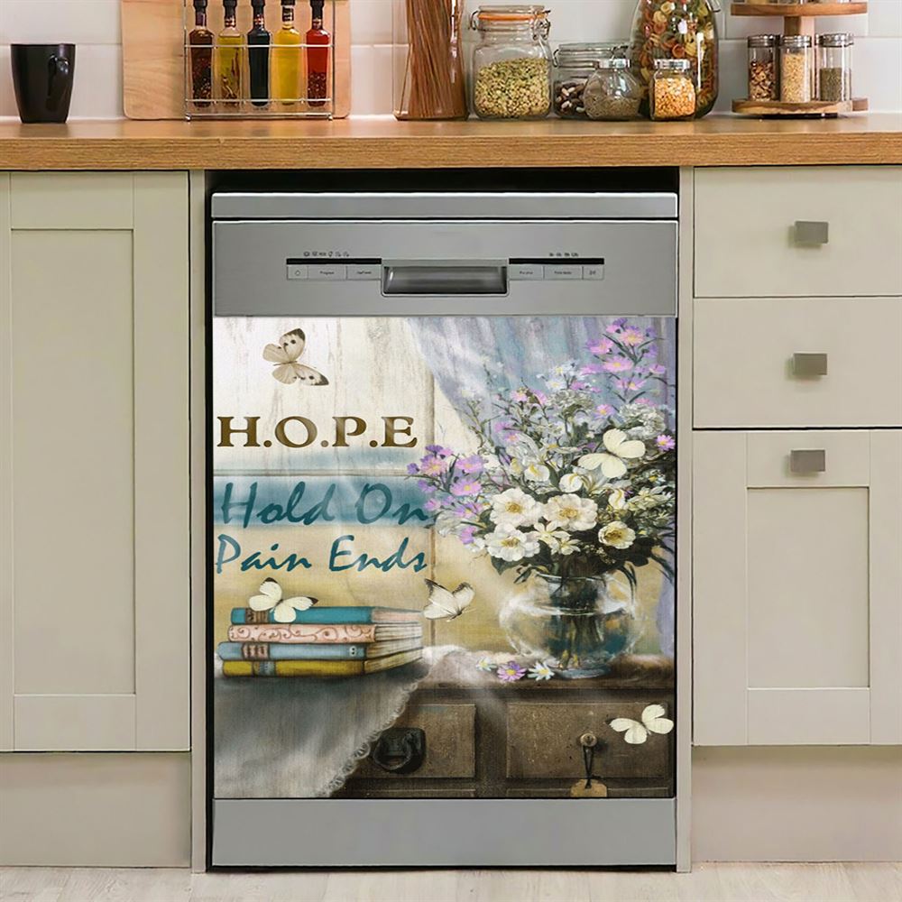 Hope Hold On Pain Ends Butterfly Flower Window Dishwasher Cover, Christian Dishwasher Stickers, Religious Kitchen Decor