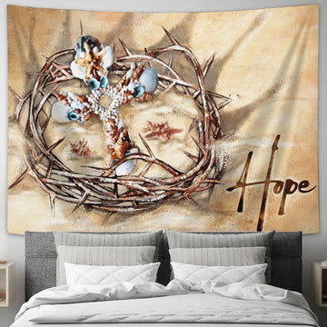 Hope Seashell Cross Crown Of Thorns Sand Large Tapestry Art - Christian Wall Art Home Decor - Religious Tapestry Prints
