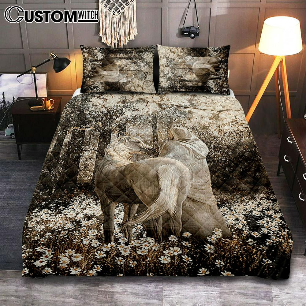 Horse Walking With Jesus Into The Forest Quilt Bedding Set Art - Bible Verse Bedroom