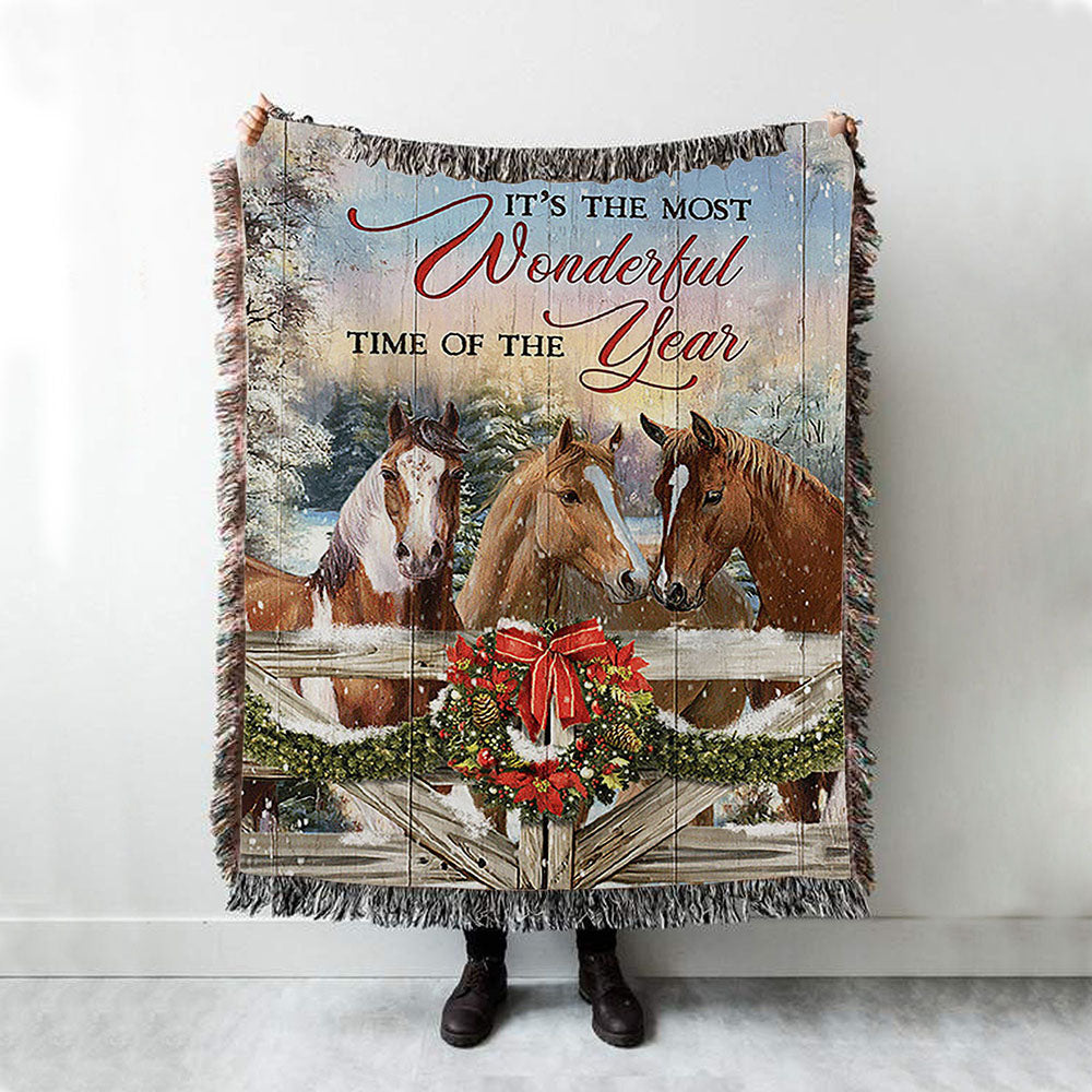 Horse Farm It&#39;s The Most Wonderful Time Of The Year Woven Throw Blanket - Christian Wall Woven Blanket - Gift For Horse Lover