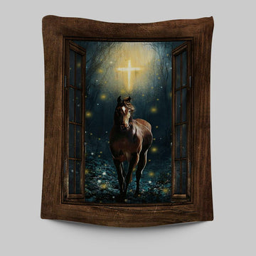 Horse Firefly Cross Wooden Window Tapestry Art - Bible Verse Wall Art - Christian Inspirational Wall Decor