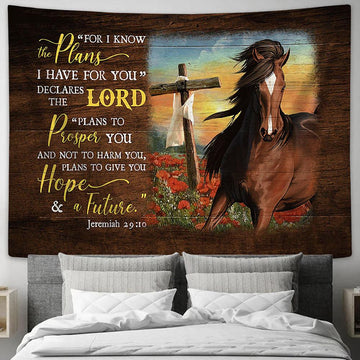 Horse Flower Field Wooden Cross For I Know The Plans I Have For You Wall Art Tapestry - Christian Wall Decor - Gifts For Horse Lovers