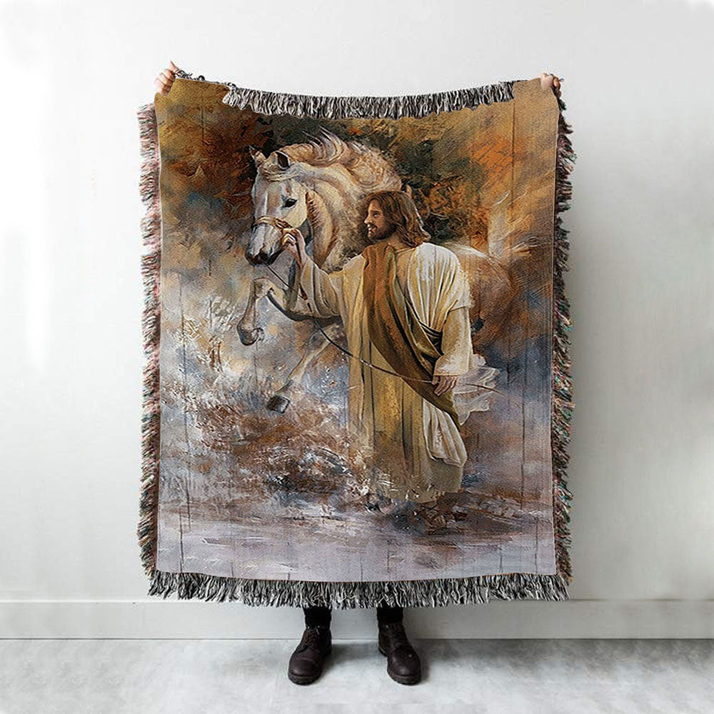 Horse Jesus Christ Painting Woven Blanket Art - Christian Art - Bible Verse Throw Blanket - Religious Home Decor