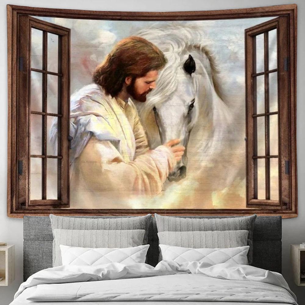 Horse Painting, Jesus Drawing, Window Frame, In Beautiful Heaven Tapestry, Tapestries for Living Room Bedroom