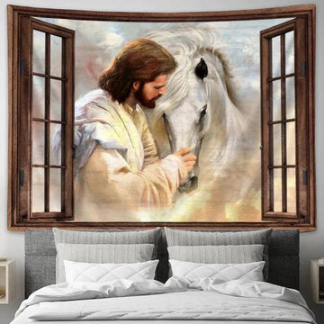Horse Painting, Jesus Drawing, Window Frame, In Beautiful Heaven Tapestry, Tapestries for Living Room Bedroom