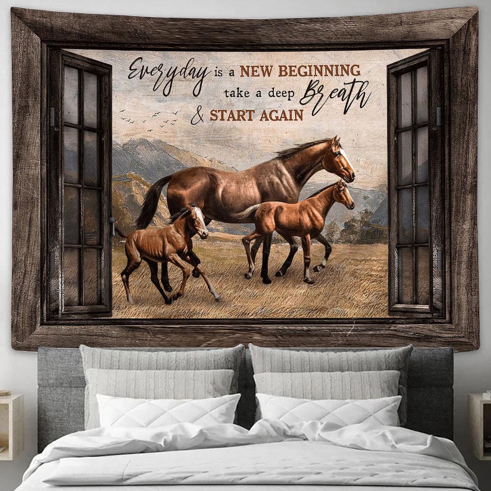 Horse Running In Grassland Every Is A New Beginning Tapestry Prints - Religious Tapestry Art - Christian Home Decor