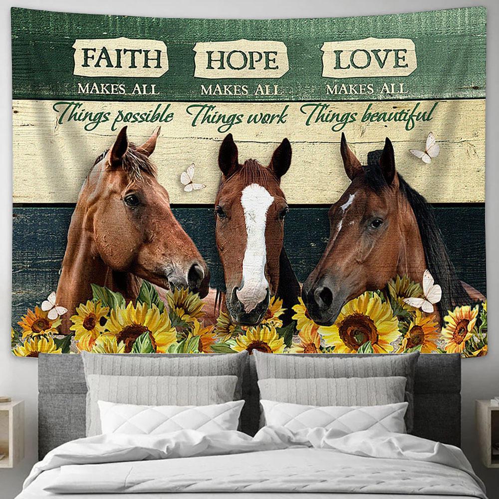 Horse Sunflower Fence Faith Makes All Things Possible Wall Art Tapestry - Christian Wall Decor - Gifts For Horse Lovers