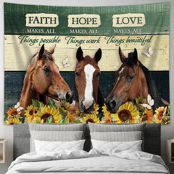Horse Sunflower Fence Faith Makes All Things Possible Wall Art Tapestry - Christian Wall Decor - Gifts For Horse Lovers