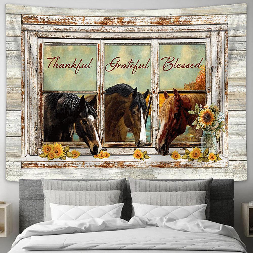 Horse Sunflower Thankful Grateful Blesses Wall Art Tapestry - Christian Wall Decor - Gifts For Horse Lovers