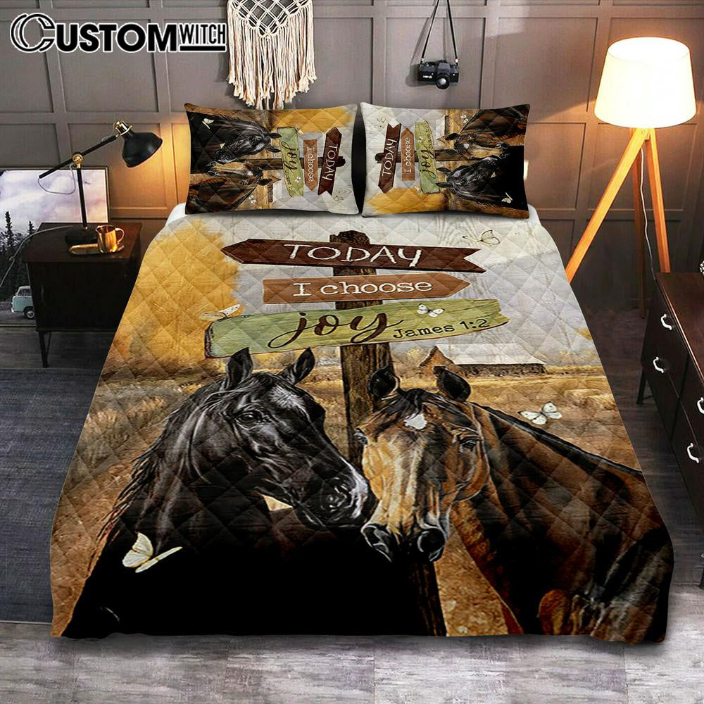 Horse Today I Choose Joy Quilt Bedding Set Bedroom - Christian Quilt Bedding Set Prints - Bible Verse Quilt Bedding Set Art