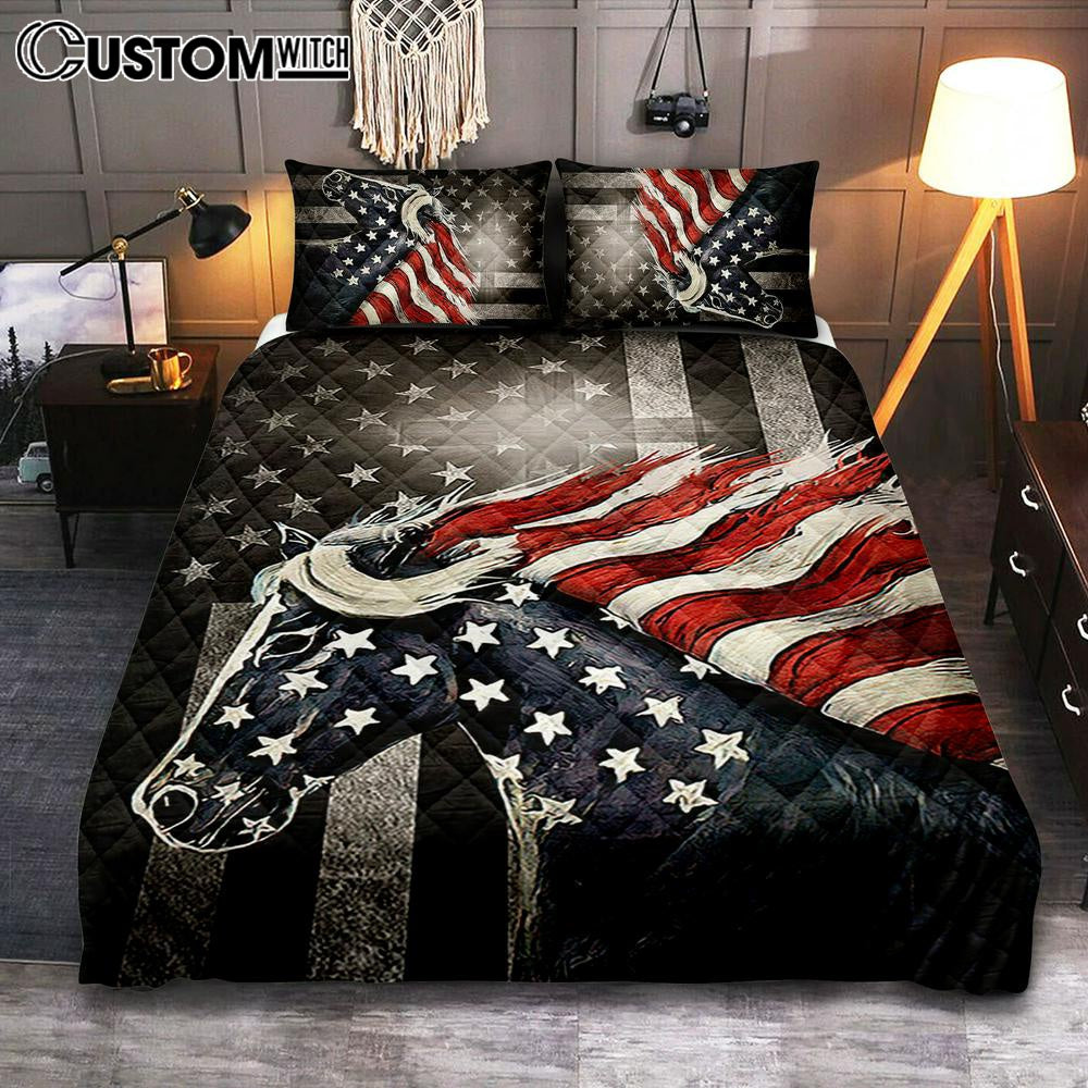 Horse Us Pattern Black Background Us Flag Quilt Bedding Set Quilt Bedding Set Bedroom - Christian Quilt Bedding Set Prints - Bible Verse Quilt Bedding Set Art