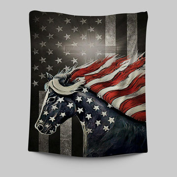 Horse Us Pattern Black Background Us Flag Tapestry Tapestry Wall Art - Christian Tapestries Prints - Bible Verse Tapestry Art