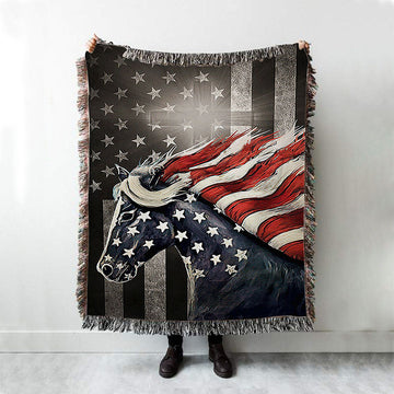 Horse Us Pattern Black Background Us Flag Woven Blanket Woven Throw Blanket - Christian Woven Blanket Prints - Bible Verse Woven Blanket Art