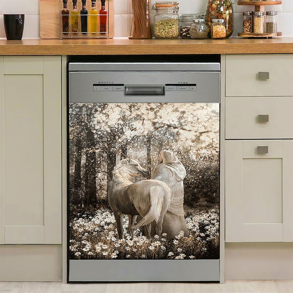 Horse Walking With Jesus Into The Forest Dishwasher Cover, Bible Verse Dishwasher Stickers, Christian Inspirational Kitchen Decor