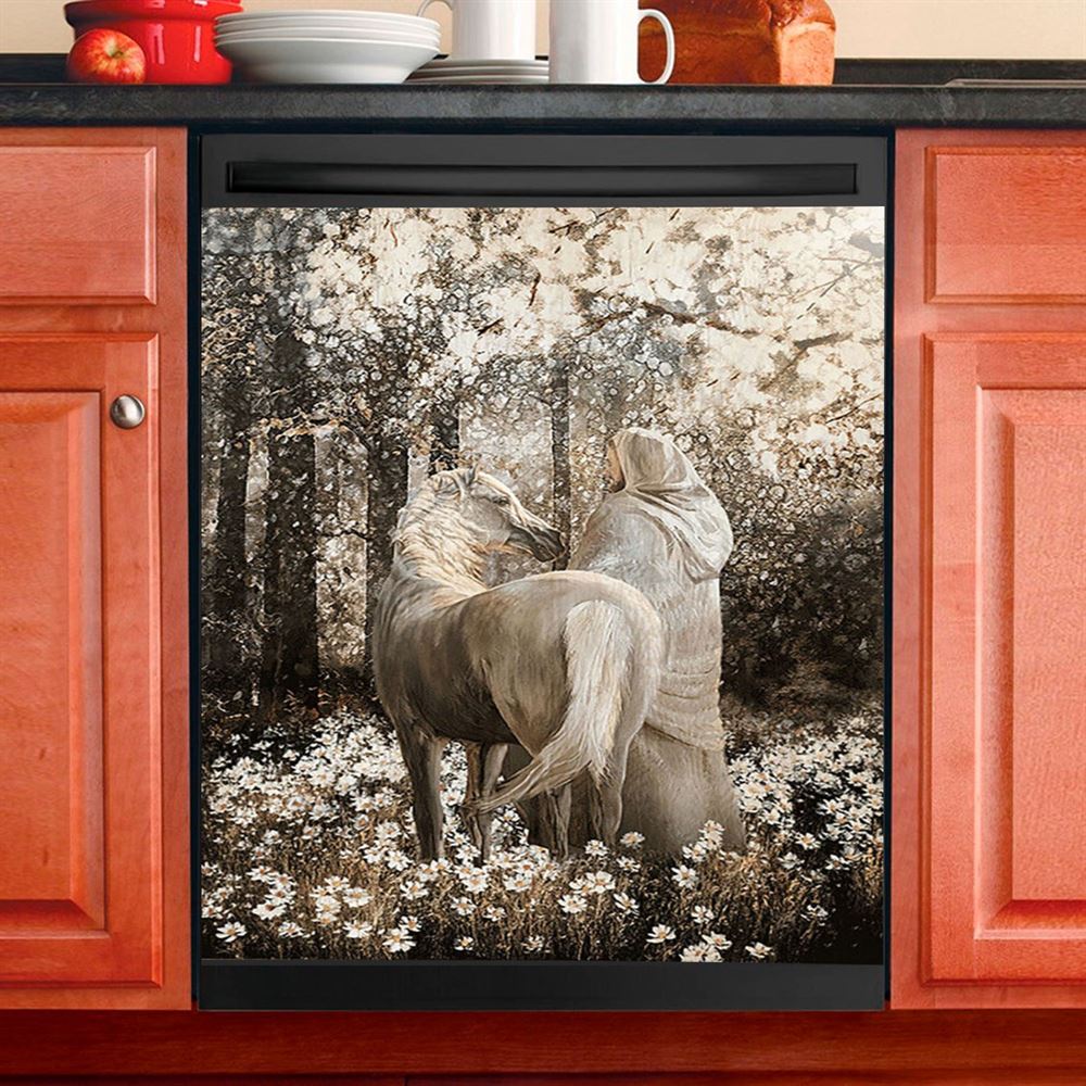 Horse Walking With Jesus Into The Forest Dishwasher Cover, Bible Verse Dishwasher Stickers, Christian Inspirational Kitchen Decor