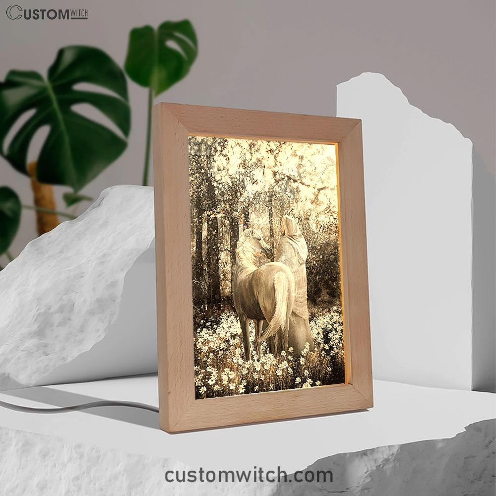 Horse Walking With Jesus Into The Forest Frame Lamp Art - Bible Verse Art - Christian Inspirational Decor