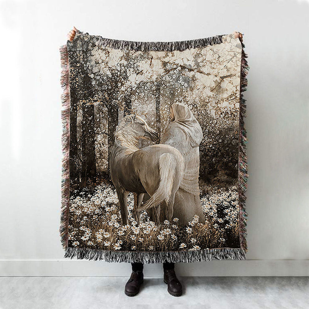 Horse Walking With Jesus Into The Forest Woven Blanket Art - Bible Verse Throw Blanket - Christian Inspirational Boho Blanket