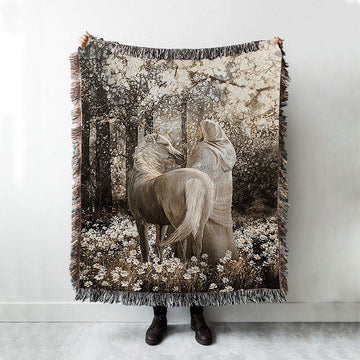 Horse Walking With Jesus Into The Forest Woven Blanket Art - Bible Verse Throw Blanket - Christian Inspirational Boho Blanket