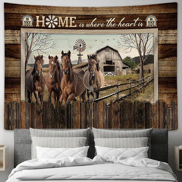 Horses Home Is Where The Heart Is Wall Art Tapestry - Christian Wall Decor - Gifts For Horse Lovers
