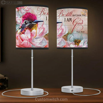 Hummingbird, Pink Camellia Flower, Be Still And Know That I Am God Table Lamp