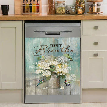 Hummingbird White Flower Just Breathe Dishwasher Cover, Christian Dishwasher Stickers, Bible Verse Kitchen Decor
