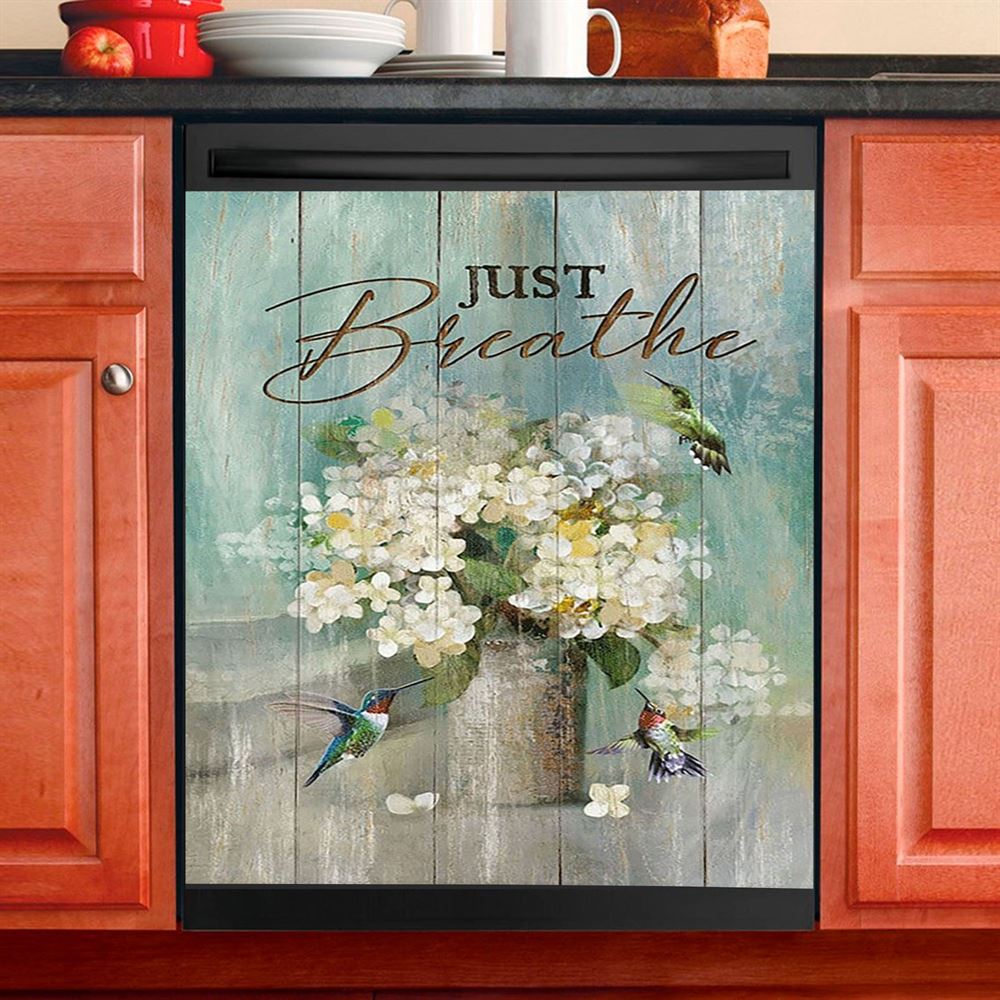 Hummingbird White Flower Just Breathe Dishwasher Cover, Christian Dishwasher Stickers, Bible Verse Kitchen Decor