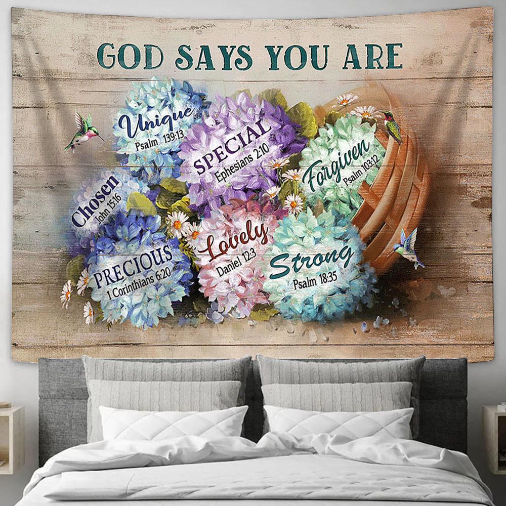 Hydrangeas God Says You Are Unique Large Tapestry Art - Christian Wall Decor - Religious Wall Decor
