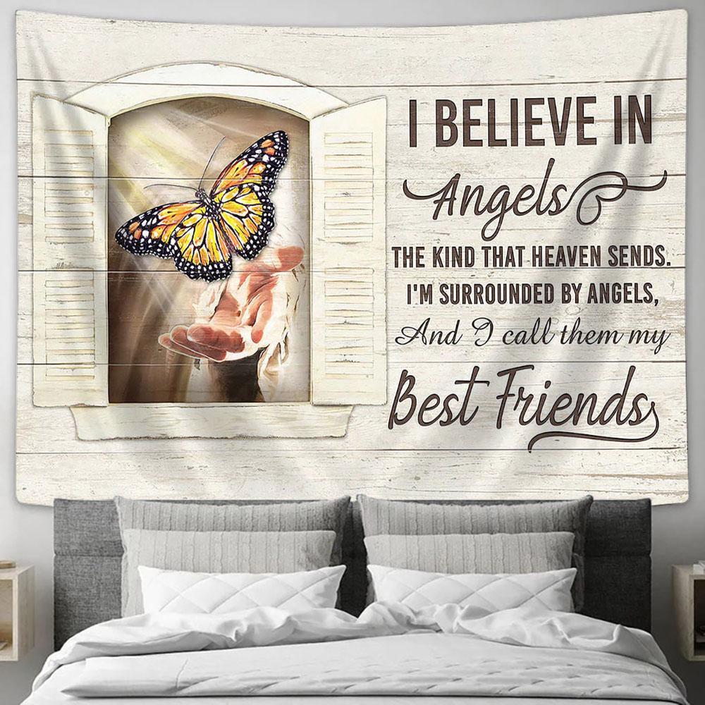 I Believe In Angel And Call Them My Best Friends Tapestry - Jesus Hand Butterfly Wall Art Tapestry - Christian Wall Art - Religious Art