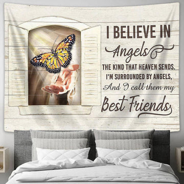 I Believe In Angel And Call Them My Best Friends Tapestry - Jesus Hand Butterfly Wall Art Tapestry - Christian Wall Art - Religious Art