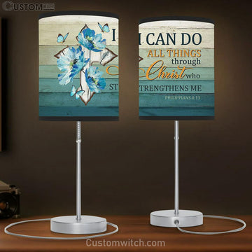 I Can Do All Things Through Christ Cross Blue Butterfly Lamp Gift Table Lamp - Christian Lamp Gift - Religious Art