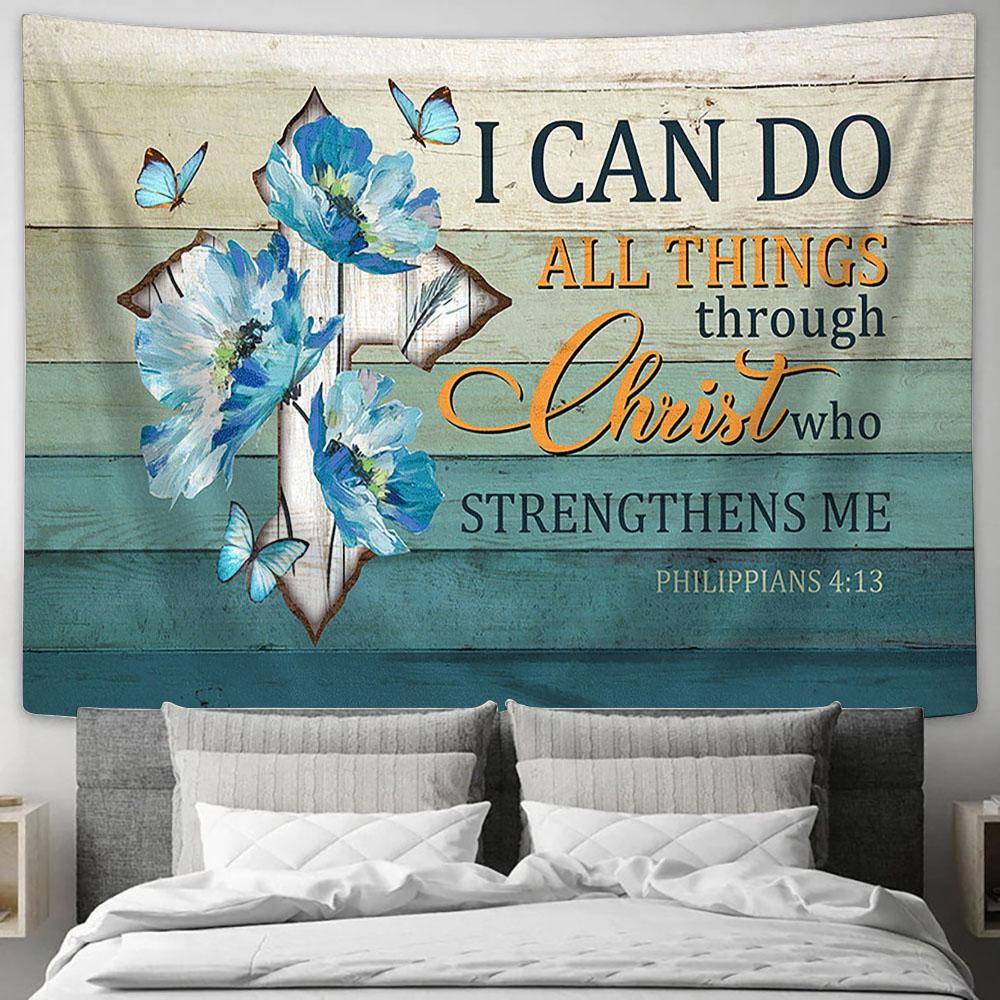 I Can Do All Things Through Christ Cross Blue Butterfly Wall Art Tapestry - Christian Wall Art - Religious Art