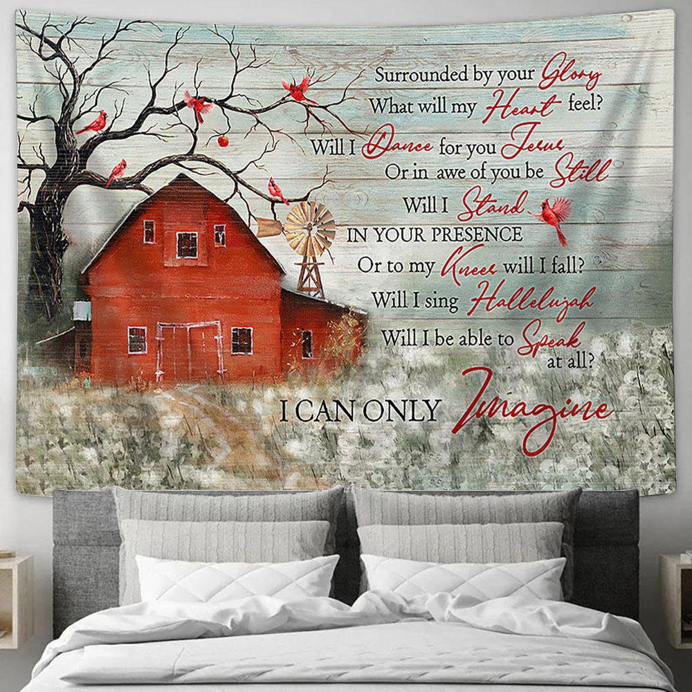 I Can Only Imagine Tapestry - Red Barn Field Of Dandelion Cardinal Large Tapestry Art - Christian Wall Decor - Religious Wall Decor