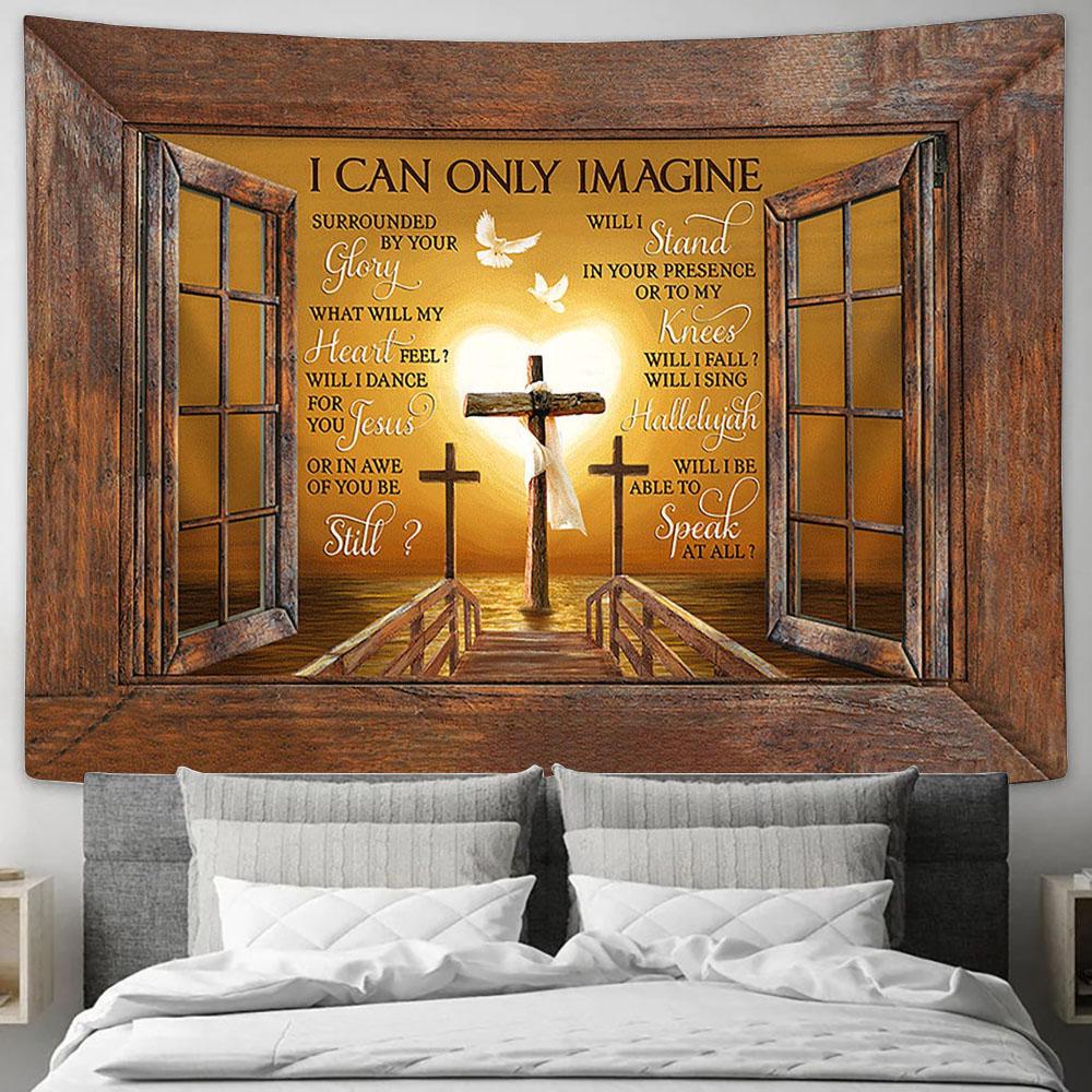 I Can Only Imagine Wooden Cross White Dove Tapestry Prints - Religious Tapestry Art - Christian Home Decor