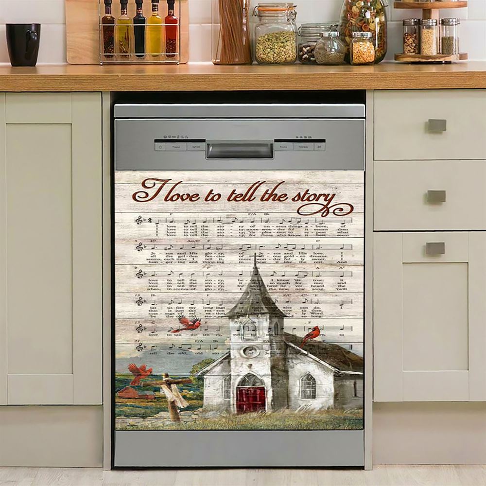 I Love To Tell The Story Red Cardinal Cross Dishwasher Cover, Bible Verse Dishwasher Stickers, Christian Inspirational Kitchen Decor