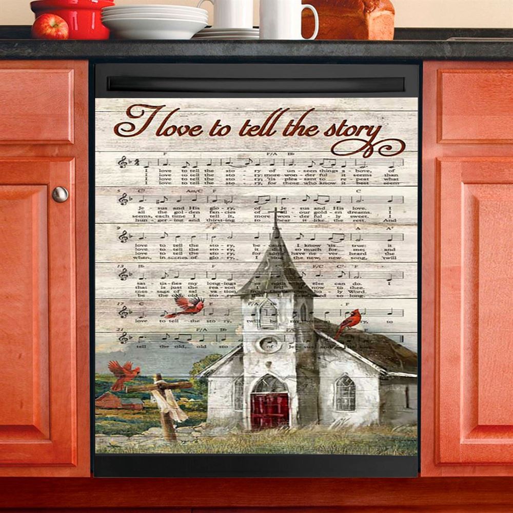 I Love To Tell The Story Red Cardinal Cross Dishwasher Cover, Bible Verse Dishwasher Stickers, Christian Inspirational Kitchen Decor