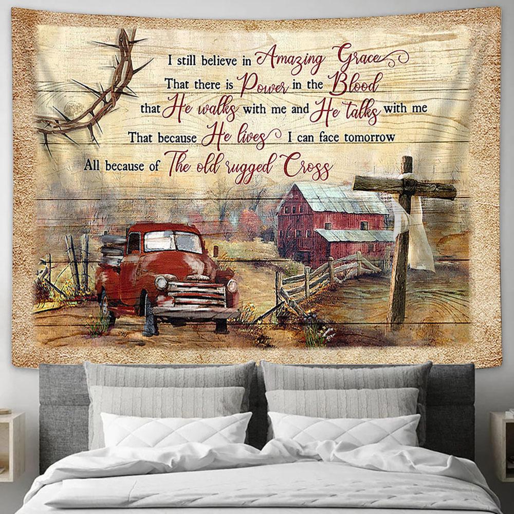 I Still Believe In Amazing Grace Farm Red Truck Wooden Cross Large Tapestry Art - Christian Wall Decor - Religious Wall Decor