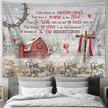 I Still Believe In Amazing Grace Flower Field Cardinal Wooden Cross Large Tapestry Art - Christian Wall Decor - Religious Wall Decor