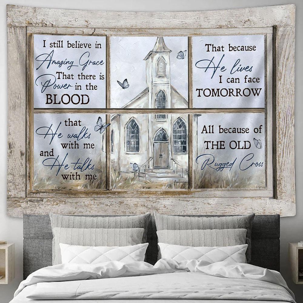 I Still Believe In Grace Church Blue Butterfly Tapestry Prints - Religious Tapestry Art - Christian Home Decor