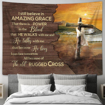 I Still Believe In Grace Sunset On The Beach Wooden Cross Tapestry Prints - Religious Tapestry Art - Christian Home Decor