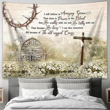 I Still Believe In Grace White Flower Field Cross Tapestry Prints - Religious Tapestry Art - Christian Home Decor