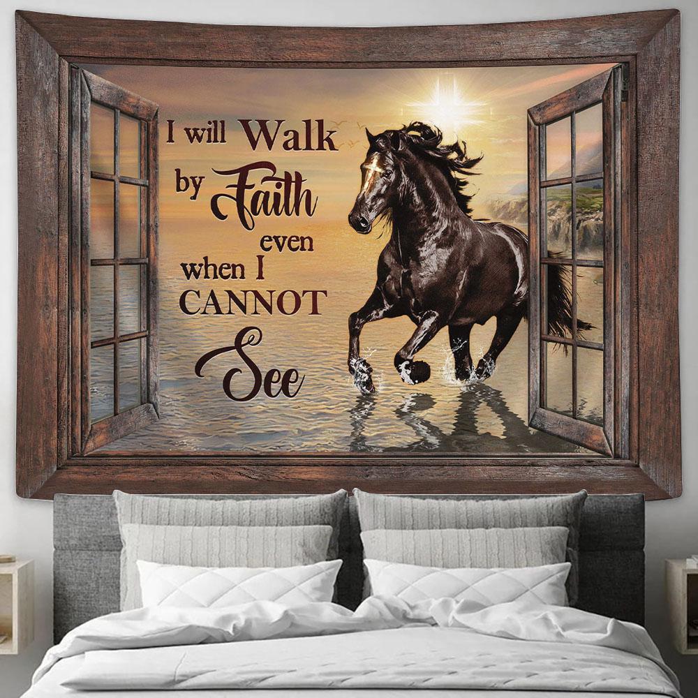 I Will Walk By Faith Black Horse Sunset Wall Art Tapestry - Christian Wall Art - Religious Art