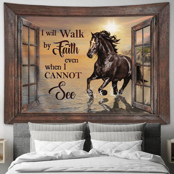 I Will Walk By Faith Black Horse Sunset Wall Art Tapestry - Christian Wall Art - Religious Art