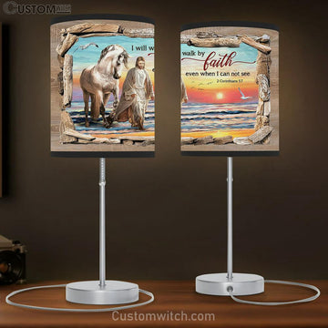 I Will Walk By Faith Table Lamp - Jesus And White Horse On The Beach Table Lamp Art - Bible Verse Lamp Gift - Christian Bedroom Decor